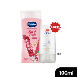 Buy Vaseline Kiss of Petals Perfumed Moisturizer with Serum 100ml and Get Free Dove Intense Repair conditioner 40ml.