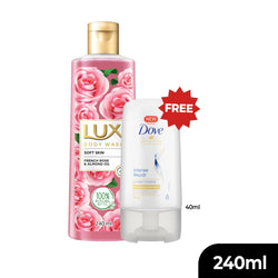 Buy Lux Soft Skin French Rose and Almond oil Bodywash 240ml and get Free Dove Intense Repair conditioner 40ml