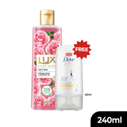Buy Lux Soft Skin French Rose and Almond oil Bodywash 240ml and get Free Dove Intense Repair conditioner 40ml