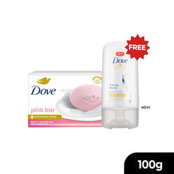 Buy Dove Pink Beauty Bathing Bar with Moisturizing Cream 100g and get Free Dove Intense Repair conditioner 40ml