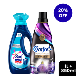 20% off on Surf Excel Matic Top Load Washing Liquid 1L and Comfort Super Sensorial Royale Fabric Conditioner 850ml Bundle!