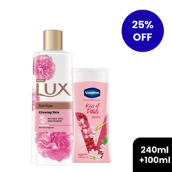25% Off on Vaseline Kiss of Petals Perfumed Moisturizer with Serum 100ml & Lux Soft Rose Body Wash 240ml Bundle Pack!